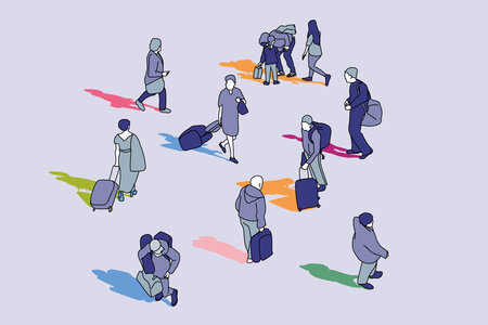 Illustration zum Thema Migration: Viele Menschen mit Koffern haben verschiedenfarbige Schatten. 