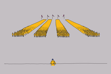 Illustration zum Thema Nationalsozialismus: Menschen stehen in Blocks vor einem Führer. Im Hintergrund wehen Fahnen. 