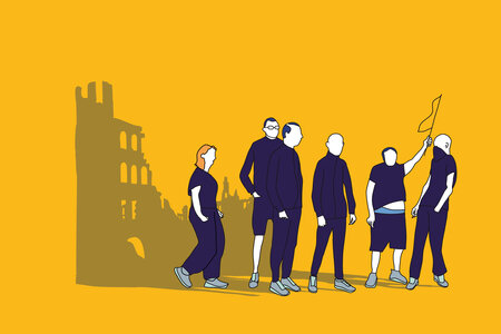 Illustration zum Thema Nazi: Verschiedene Personen in gleicher dunkelblauer Kleidung stehen in aggressiver Haltung zusammen