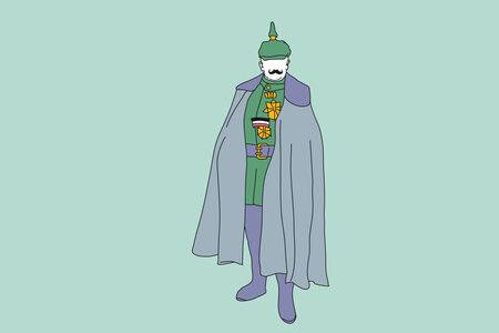 Illustration eines Preußen mit Pickelhaube und Umhang