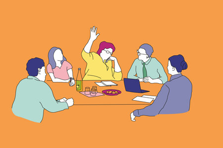 Illustration zum Thema Sachkundiger Einwohner: Mehrere Menschen in einer Sitzung, eine Person hebt die Hand. 