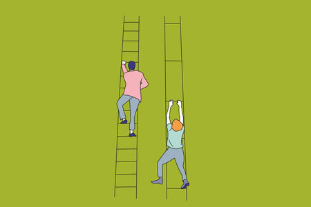Illustration von Sozialer Ungleichheit: Zwei Menschen klettern auf zwei Leitern hoch, bei einem ist der Sprossenabstand doppelt so groß und er muss sich viel mehr anstrengen