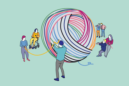 Illustration "Demokratie verstehen": Viele Menschen ziehen an einem Wollknäuel.