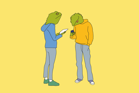 Illustration zum Thema Verschwörungsmythen: Zwei Menschen mit Echsenköpfen schauen auf ihr Handy