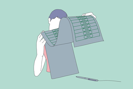 Illustration: Wahlen. Ein Mensch mit einem Stimmzettel in der Hand