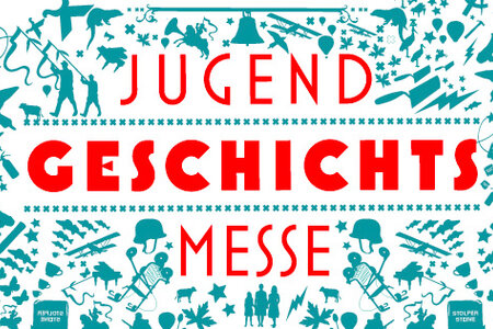 20 Jahre Jugendgeschichtsmesse eine türkise grafik mit menschen und gegenständen, die zu einem muster werden. dazu steht: Jugendgeschichtsmesse