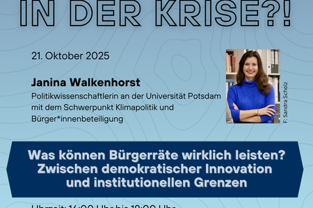 Veranstaltungsposter Veranstaltungsposter mit blauem Hintergrund und einem Foto von Janina Walkenhorst