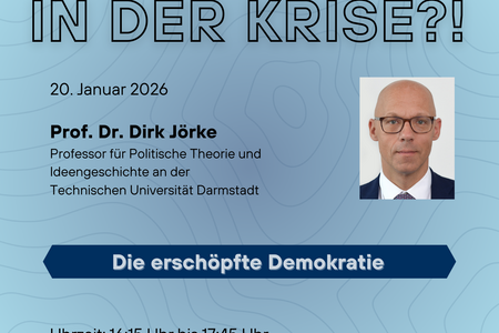 Veranstaltungsposter mit hellblauem Hintergrund, einem Foto von Prof. Jörke und den Informationen zur Veranstaltung
