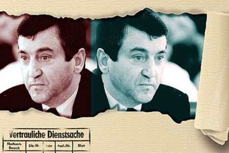 Fotocollage mit zwei Bildern in schwarzweiss von Wolfgang Schnur, mit einem Stempel "Vertrauliche Dienstsache"