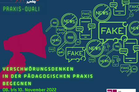 Grafik mit Fuchs mit Text jumblr-Praxisqualifikation „Verschwörungsdenken in der pädagogischen Praxis begegnen“