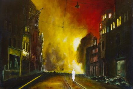 Feuersturm VIII (Nacht über Nürnberg), Öl und Flachstich auf Schichtholzplatte, 60 x 90 cm, 2015, Foto: Christine Jörss-Munzlinger 