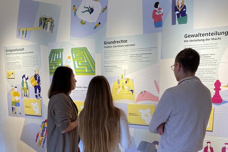 Schülergruppe in der Ausstellung "Mitmachen. Demokratie in Brandenburg"