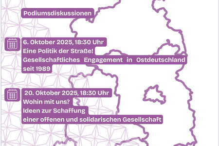 Veranstaltungsposter Auf dem Veranstaltungsposter sind die Termine der Veranstaltung zu sehen. Im Hintergrund ist der Umriss von Ostdeutschland.