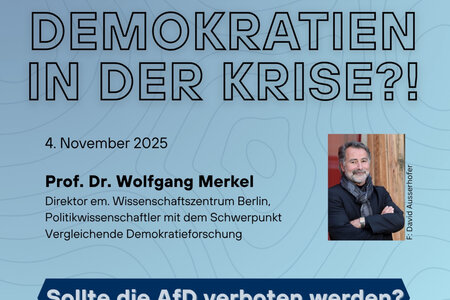 Veranstaltungsposter mit hellem blauen Hintergrund und einem Foto von Prof. Dr. Wolfgang Merkel 