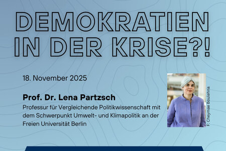 Veranstaltungsposter mit hellblauem Hintergrund und einem Foto von Prof. Dr. Lena Partzsch