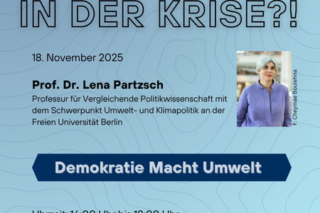 Veranstaltungsposter mit hellblauem Hintergrund und einem Foto von Prof. Dr. Lena Partzsch