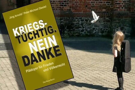 Collage aus Buchcover, Friedenstaube und Mädchen mit Instrumentenkoffer