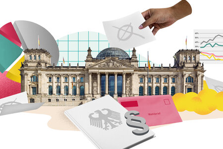 Eine Collage. Darauf abgebildet ist das Reichstagsgebäude, ein Grundgesetz, ein Brief, ein Tortendiagramm und eine Hand, die einen Zettel hält.