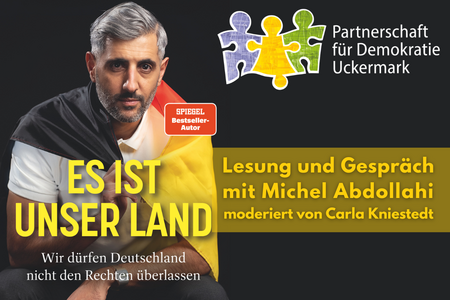 Lesung Michel Abdollahi 05.11.2025 Buchcover Michel Abdollahi, Logo Partnerschaft für Demokratie, Schriftzug Lesung und Gespräch