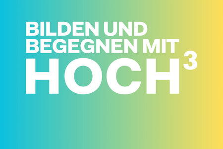 Das Logo mit dem Schriftzug von HochDrei in einem Farbverlauf von türkis über grün zu gelb