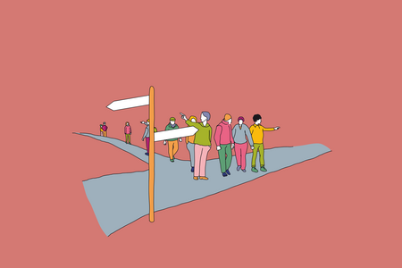 Illustration zum Thema Parteien: Verschiedene Menschen stehen an einem Wegweiser und suchen nach Orientierung