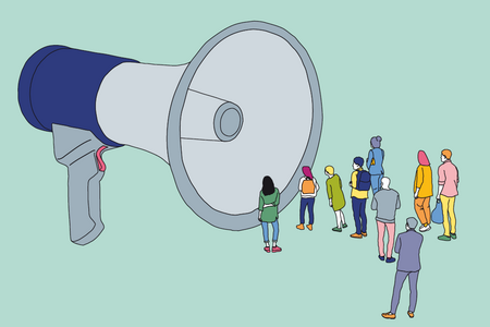 Illustration zum Thema Populismus: Eine Menschenmenge vor einem übergroßen Lautsprecher