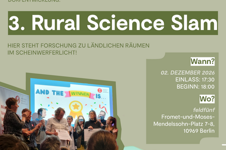 Sharepic mit dem Textslogan: "Vom Guten Altern audf dem Land, Pflanzenkunde vor der Haustür und sozialen Innovationen in der Dorfentwicklung: 3. Rural Science Slam. Hier steht Forschung zu ländlichen Räumen im Scheinwerferlicht! Unten links findet sich ein Bühnenbild der Sieger:innen der ersten Auflage der Veranstaltung. Rechts sind die Basisdaten der Veranstaltung.