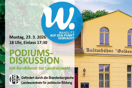Einladung zur Podiumsdiskussion am 23.3. 2026 um 18 Uhr zur Landratswahl im Barnim in der Kulturbühne "Goldener Löwe" in Wandlitz
