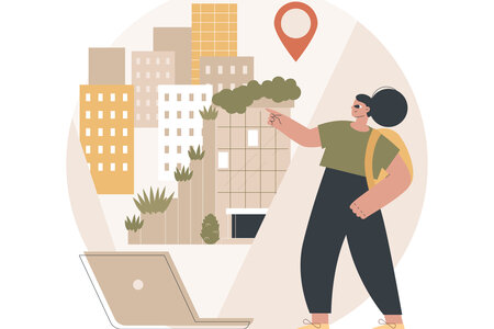 Illustration einer Person, die vor einem Laptop steht und auf eine Stadtansicht mit Gebäuden und Pflanzen deutet.