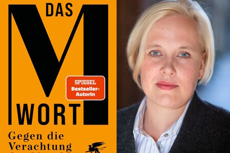 Die Autorin Anne Rabe neben dem Cover ihres Buches