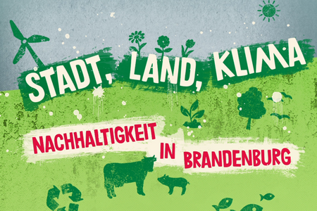 Ein Illustration. Diese zeigt eine Wiese und Himmel mit verschiedenen Icons, wie eine Kuh und einem Windrad, sowie den Schriftzug "Stadt, Land, Klima. Nachhaltigkeit in Brandenburg".
