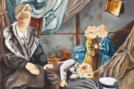 Vertreibung aus dem Paradies (I/15), Öl und Flachstich auf Schichtholzplatte, 42 x 60 cm, 2015, Foto: Christine Jörss-Munzlinger 