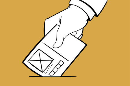 Gezeichente Hand mit einem ausgefüllten Wahlzettel