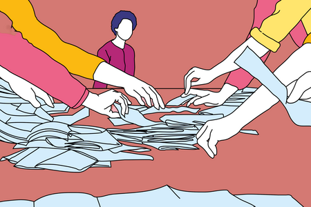 Illustration zum Thema Wahlen. Viele Hände zählen die Wahlzettel aus