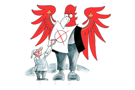 Illustration zur Wahl in Brandenburg: Ein Mann macht sein Kreuz auf dem Wahlschein. Im Hintergrund der Brandenburg-Adler