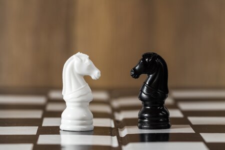 schwarz-weiße Schachfiguren stehen sich gegenüber