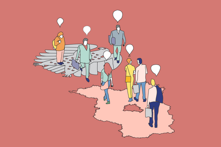 Illustration zum Thema Bundesrat: Menschen: Menschen auf dem Symbol der Brandenburg-Karte stehen Menschen auf dem Symbol des Bundesadlers gegenüber 