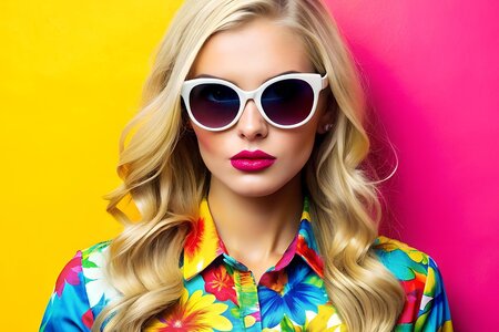 Eine attraktive blonde Frau mit Sonnenbrille vor einem bunten Hintergrund