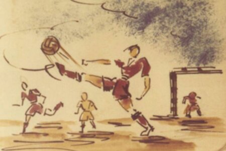 Zdizław Rudowski: Fußball-Szene (Zeichnung aus einem Skizzenbuch mit Erinnerungen an die Zeit vor der Lagerhaft), Akademie der Künste, Berlin, Sammlung KZ-Lieder Nr. 153 Zdizław Rudowski: Fußball-Szene (Zeichnung aus einem Skizzenbuch mit Erinnerungen an die Zeit vor der Lagerhaft), Akademie der Künste, Berlin, Sammlung KZ-Lieder Nr. 153