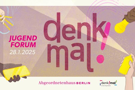 Jugenforum denk!mal 2025 des Abgeordnetenhauses von Berlin Logo des Jugendforums denkmal mit Schriftzug in den Farben Pink und Lila