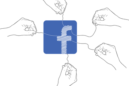 Mehrere Hände ziehen an Fäden am Facebook-Logo