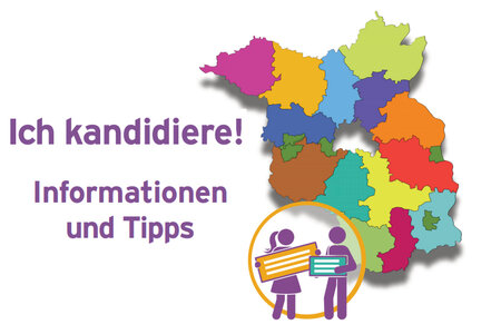 Ich kandidiere! Zwei Figuren stehen mit Wahlzetteln vor der Brandenburg-Karte.