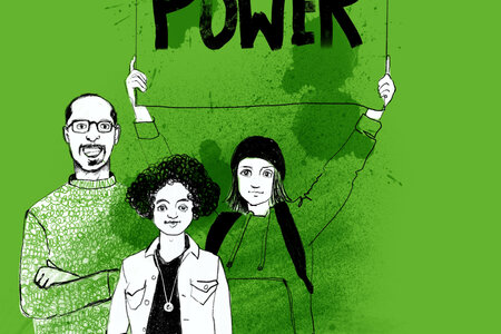 3 Menschen halten ein "Power"-Schild hoch
