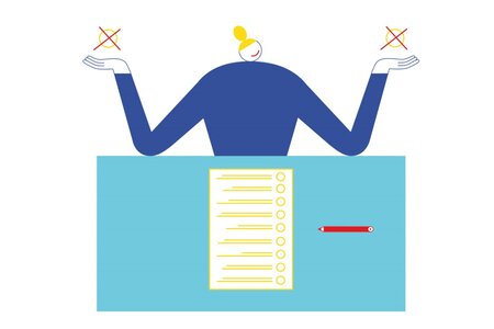 Illustration zum Thema Wahlen. Eine Person sitzt vor dem Stimmzettel