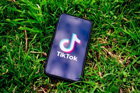 Handy mit TikTok-Logo im Gras