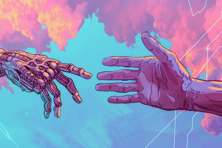 Surreale Illustration von Roboter- und Menschenhand in rosa Wolken