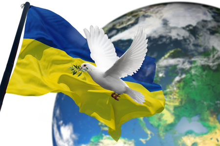 Die Ukrainische Flagge mit einer Friedenstaube vor der Welt