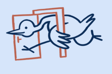 Ausschnitt aus dem Flyer: Ein Vogel geht durch eine Tür 
