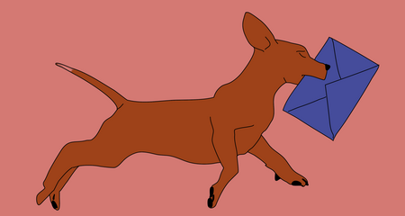 Illustration zum Thema Briefwahl: Ein Hund hält einen Wahlumschlag im Maul 