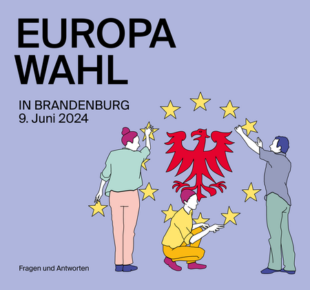 Das Cover der Broschüre zur Europawahl. Darauf eine Illustration, diese zeigt der Menschen, die zwölf Sterne um den Brandenburger Adler platzieren. 
